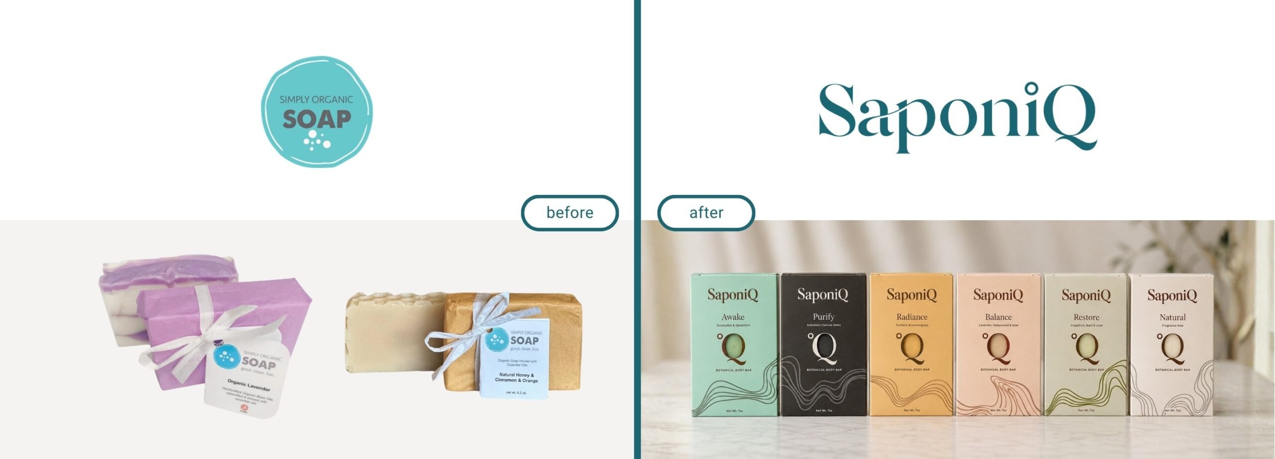 Before and after brand transformation showing outdated soap packaging redesigned into refined, modern identity with elevated typography and cohesive product presentation